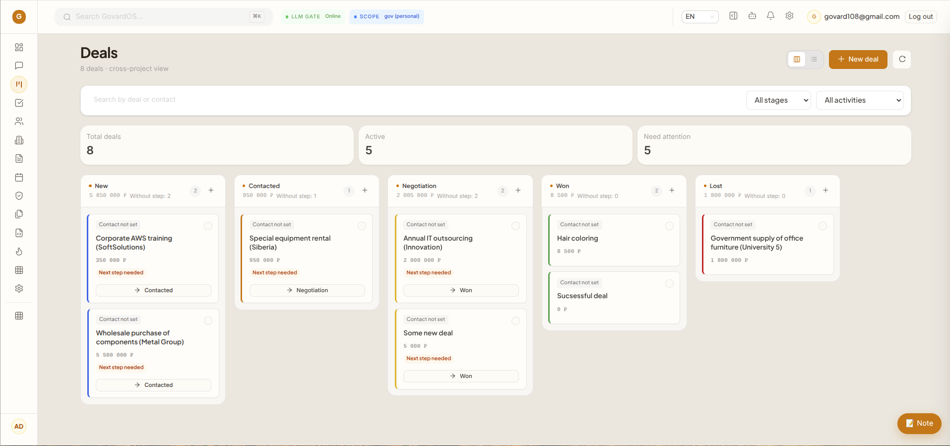 aiCRM deals kanban